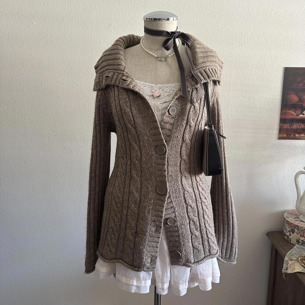 Brown Cable Knit Button Cardigan - image 1